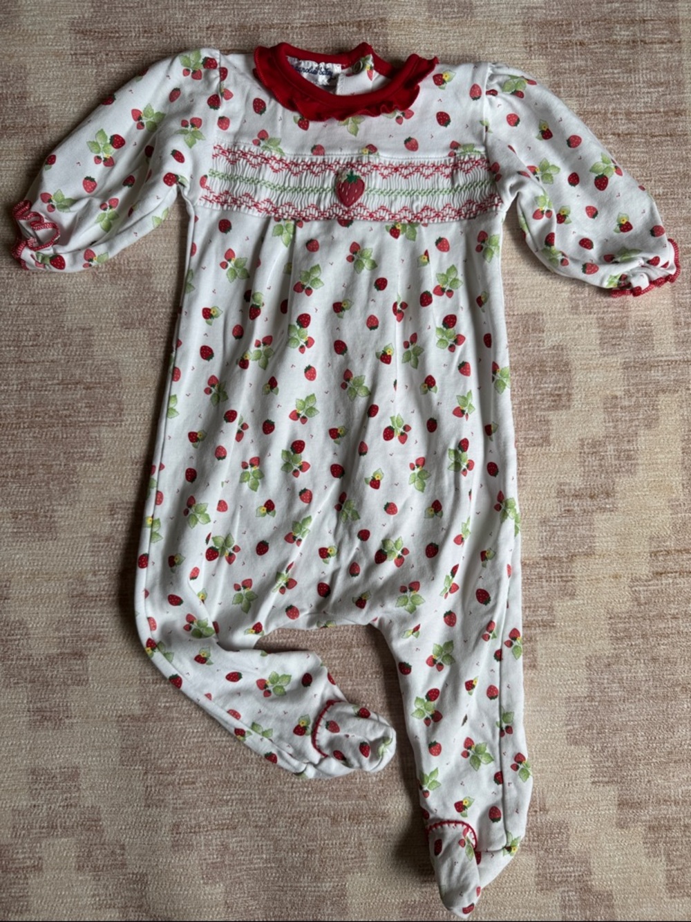 Magnolia Baby Smocked White Strawberry Print Footed One Piece Red Trim size 6M
